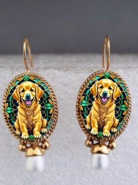 Gold-Tone Golden Retriever Drop Earrings with Green Accent